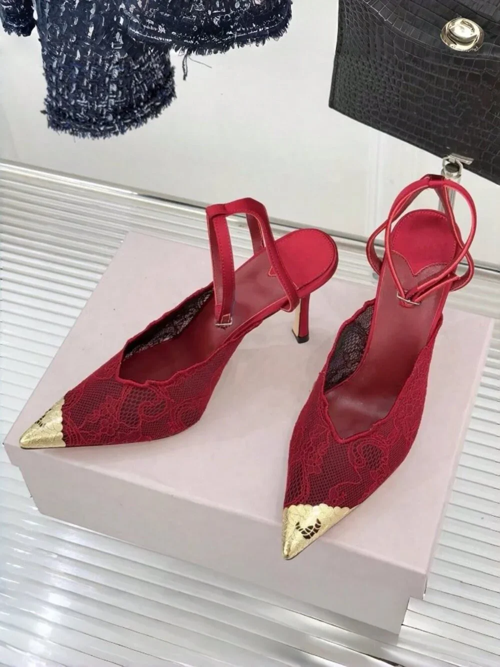 Red Fashionable Women's Lace Pointed Toe Stiletto Heel